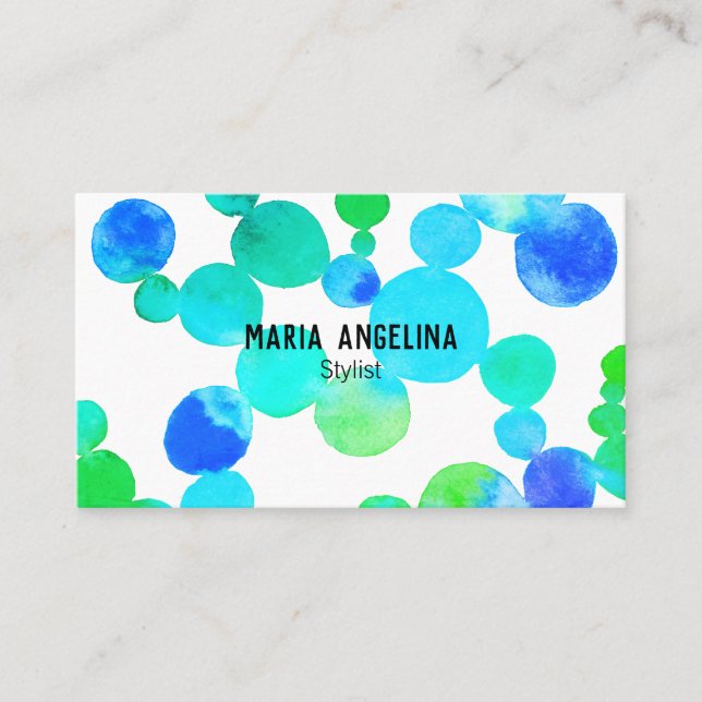 Watercolor Spots and Dots Blue Green Business Card (Front)