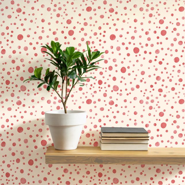 Watercolor Spots and Dots Red Cream Wallpaper (Pretty red and cream dots and spots watercolor patterned art wallpaper)
