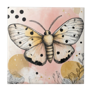 Watercolor Spotted Tiger Moth Pink Gold Boho Art 1 Ceramic Tile