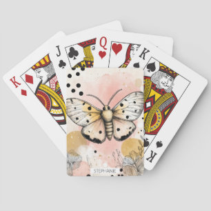 Watercolor Spotted Tiger Moth Pink Gold Boho Art 1 Playing Cards