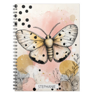 Watercolor Spotted Tiger Moth Pink Gold Boho Art Notebook