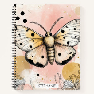 Watercolor Spotted Tiger Moth Pink Gold Boho Art Notebook