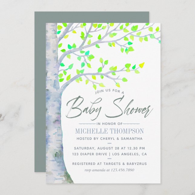 Watercolor Spring Birch Tree Baby Shower invite (Front/Back)