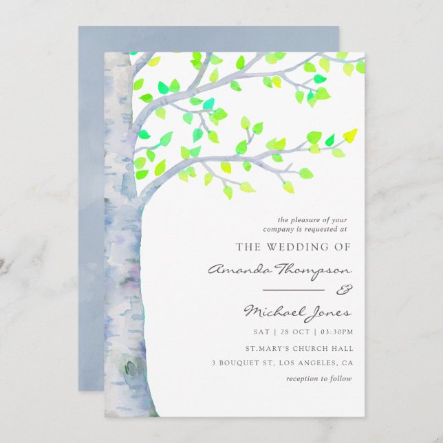 Watercolor Spring Birch Tree Wedding Invitation (Front/Back)
