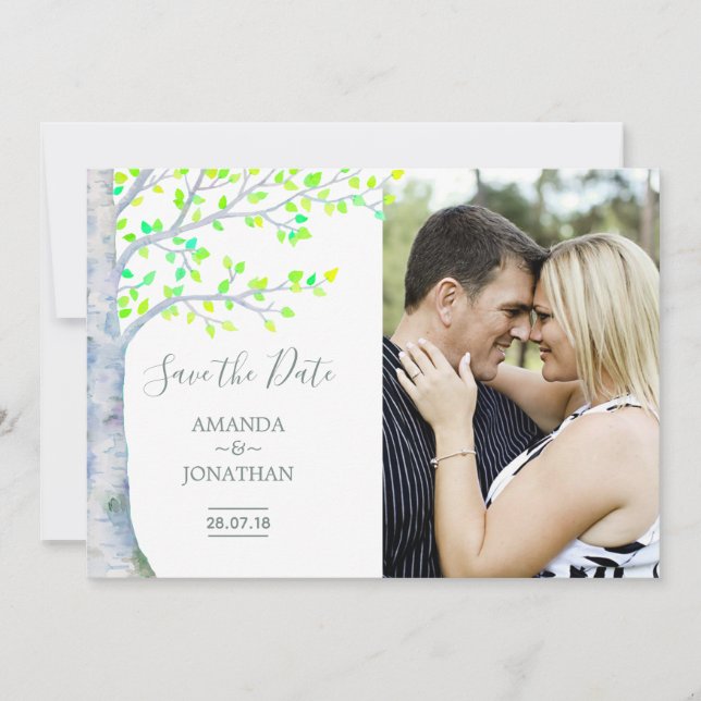 Watercolor Spring Birch Tree Wedding Save the Date (Front)