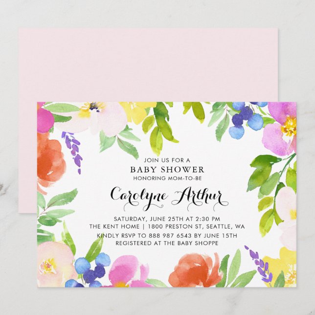 Watercolor Spring Blooms Baby Shower Invitation (Front/Back)