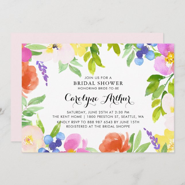 Watercolor Spring Blooms Bridal Shower Invitation (Front/Back)