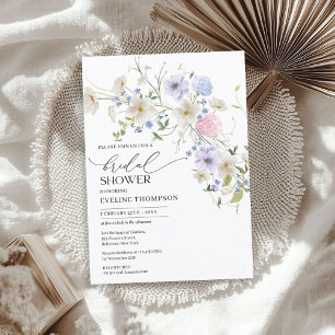 Watercolor spring blue purple pink wildflowers invitation