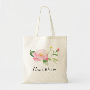 Watercolor Spring Blush Pink Blooms Floral Name Tote Bag