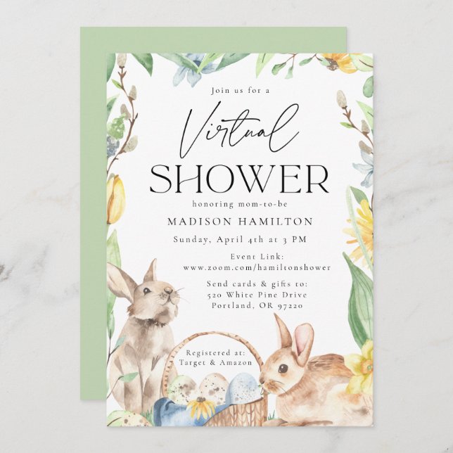 Watercolor Spring Bunnies Virtual Baby Shower Invitation (Front/Back)