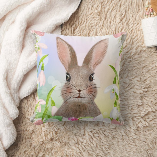 Watercolor Spring Bunny Rabbit Throw Pillow (Blanket)