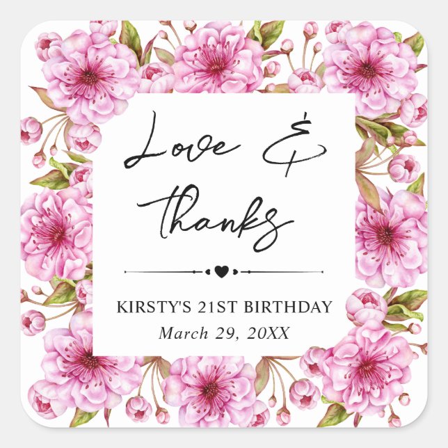 Watercolor Spring Cherry Blossom Birthday Party Square Sticker (Front)