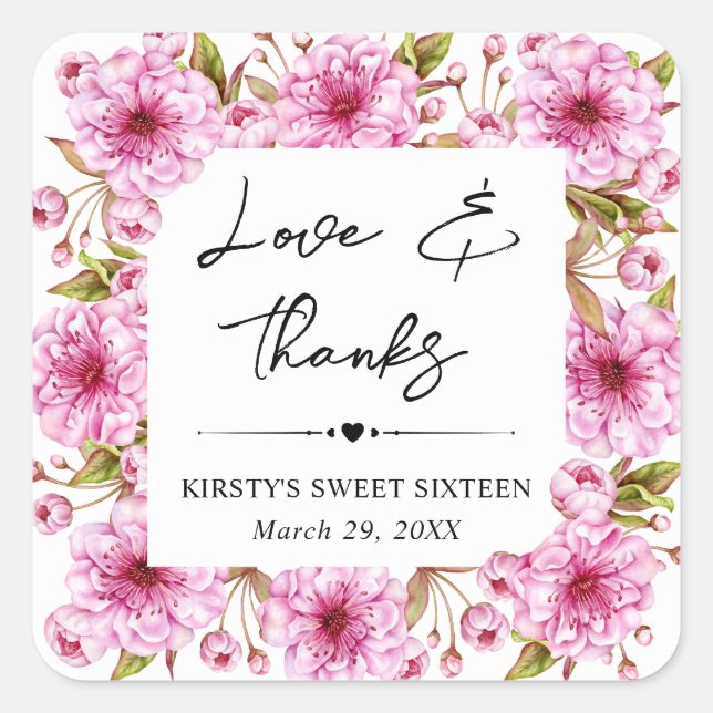 Watercolor Spring Cherry Blossom Sweet Sixteen Square Sticker (Front)