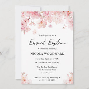 Watercolor Spring Cherry Blossoms Sweet Sixteen Invitation