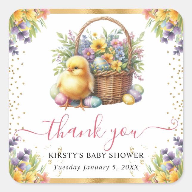 Watercolor Spring Chick Basket Baby Shower Square Sticker (Front)