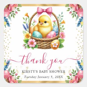 Watercolor Spring Chick Basket Baby Shower Square Sticker