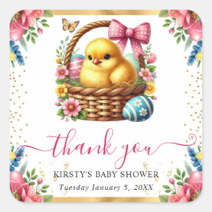 Watercolor Spring Chick Basket Baby Shower Square Sticker