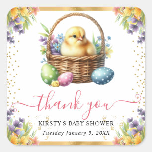 Watercolor Spring Chick Basket Baby Shower Square Sticker