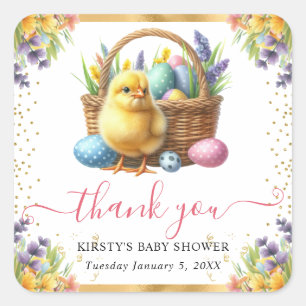 Watercolor Spring Chick Basket Baby Shower Square Sticker