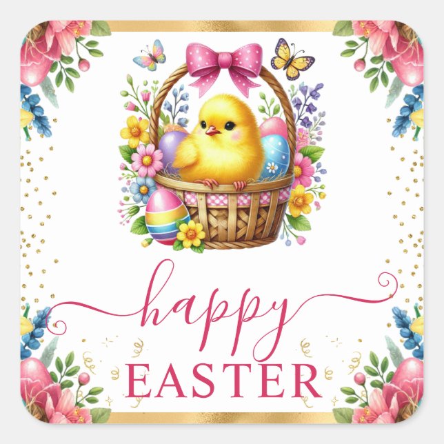 Watercolor Spring Chick Basket Easter Square Sticker (Front)