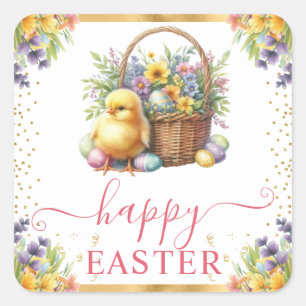 Watercolor Spring Chick Basket Easter Square Sticker