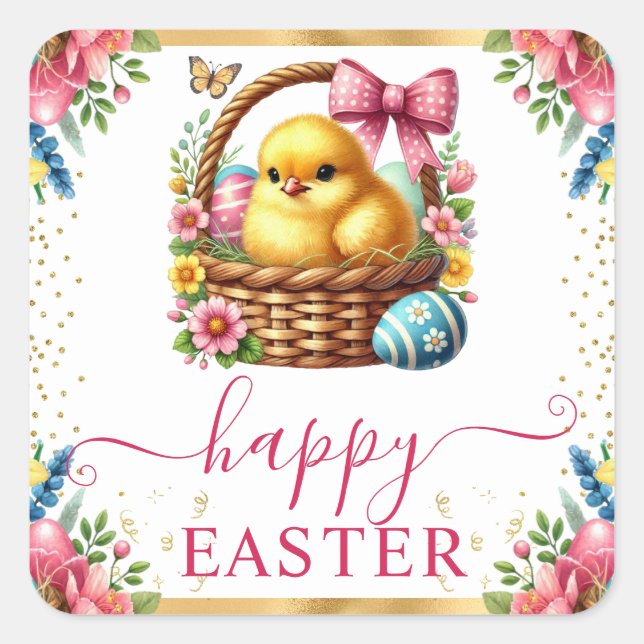 Watercolor Spring Chick Basket Easter Square Sticker (Front)