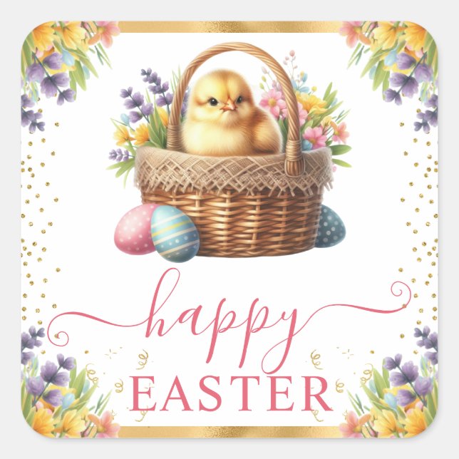 Watercolor Spring Chick Basket Easter Square Sticker (Front)
