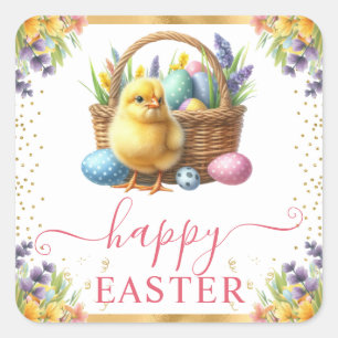 Watercolor Spring Chick Basket Easter Square Sticker