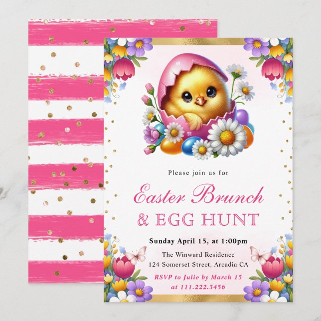 Watercolor Spring Chick in Egg Easter Brunch Invitation (Front/Back)