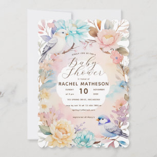 Watercolor spring floral and birds baby shower invitation
