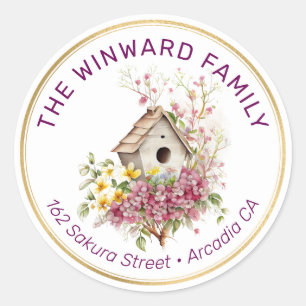 Watercolor Spring Floral Birdhouse Address Classic Round Sticker