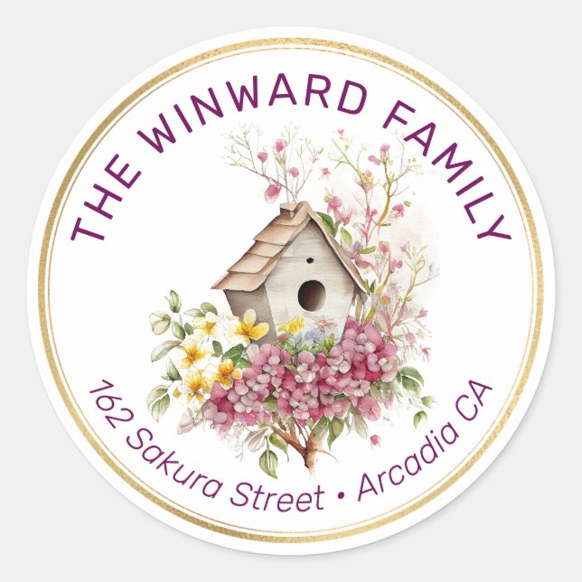 Watercolor Spring Floral Birdhouse Address Classic Round Sticker (Front)