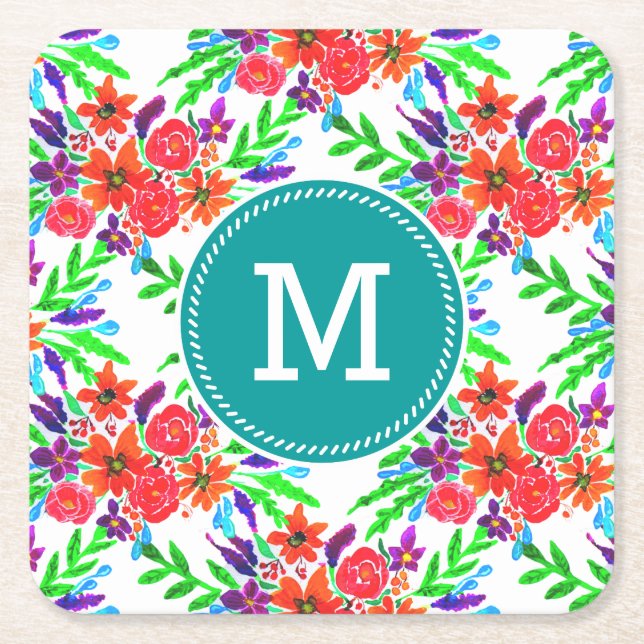 Watercolor Spring Floral Blooms Square Paper Coaster (Front)