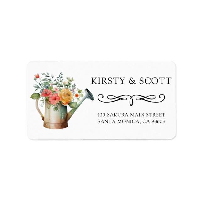 Watercolor Spring Floral Watering Can Wedding Label (Front)