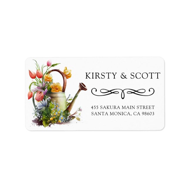Watercolor Spring Floral Watering Can Wedding Label (Front)
