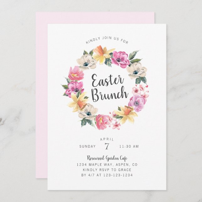 Watercolor Spring Floral Wreath Easter Brunch Invitation (Front/Back)