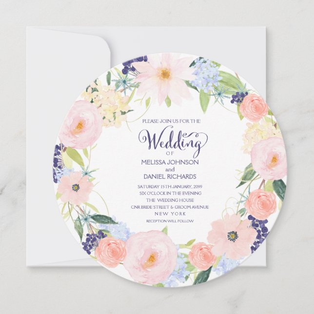Watercolor Spring Floral Wreath Wedding Invitation (Front)