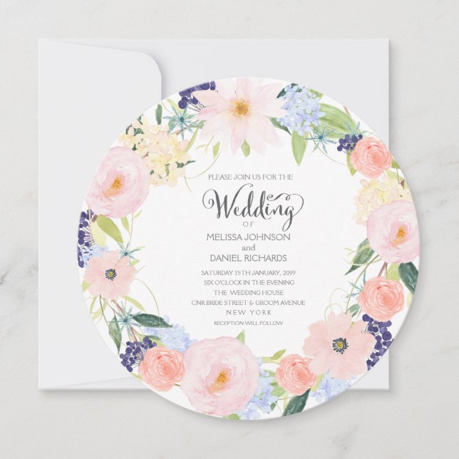 Watercolor Spring Floral Wreath Wedding Invitation (Front)