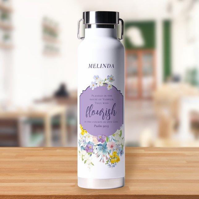 Watercolor Spring Florals Bible Verse Personalised Water Bottle (Creator Uploaded)