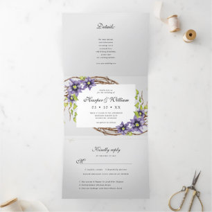 Watercolor spring flowers all in one wedding Tri-Fold invitation