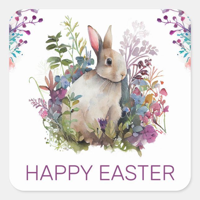 Watercolor Spring Flowers and Rabbit Happy Easter Square Sticker (Front)