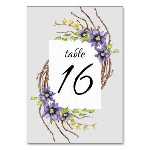 Watercolor spring flowers bare twigs wedding table number
