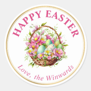 Watercolor Spring Flowers Basket Happy Easter Classic Round Sticker