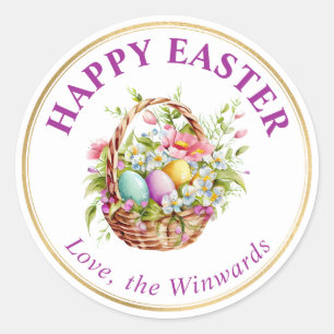 Watercolor Spring Flowers Basket Happy Easter Classic Round Sticker