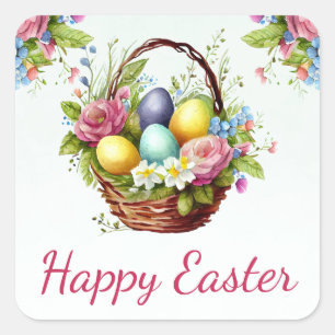 Watercolor Spring Flowers Basket Happy Easter Square Sticker