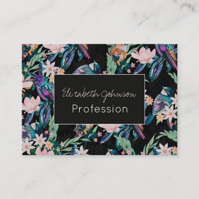 Watercolor Spring Flowers Birds Black Pattern Business Card (Front)