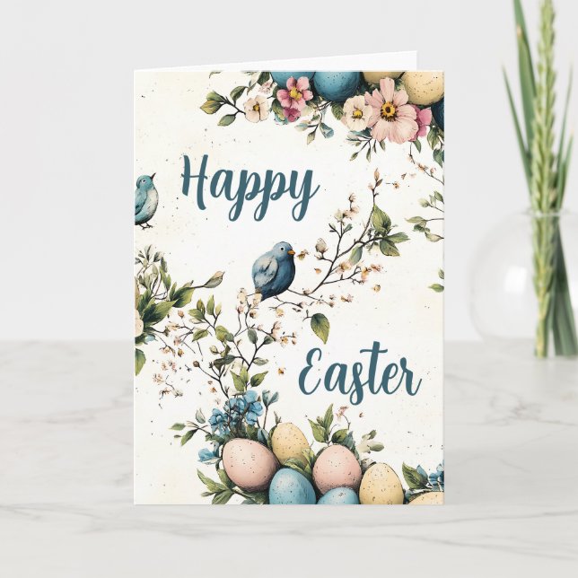 Watercolor Spring Flowers & Birds Easter Holiday Card (Front)