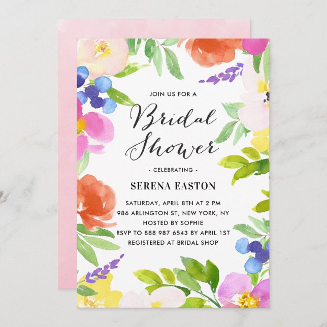 Watercolor Spring Flowers Bridal Shower Invitation (Front/Back)
