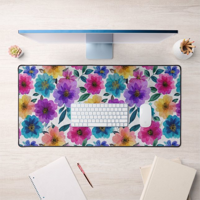 Watercolor Spring Flowers Colourful Floral Pattern Desk Mat (Office 1)