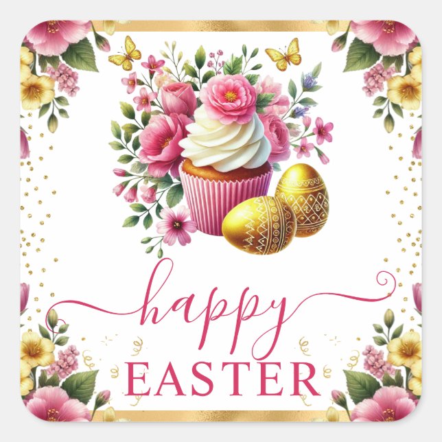 Watercolor Spring Flowers Cupcake Easter Square Sticker (Front)